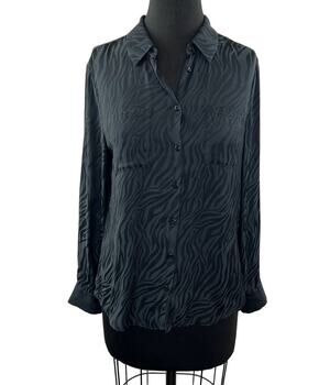 David Lerner EVEREVE Black S Top Zebra Print Button Up Collared Long Sleeve Fit